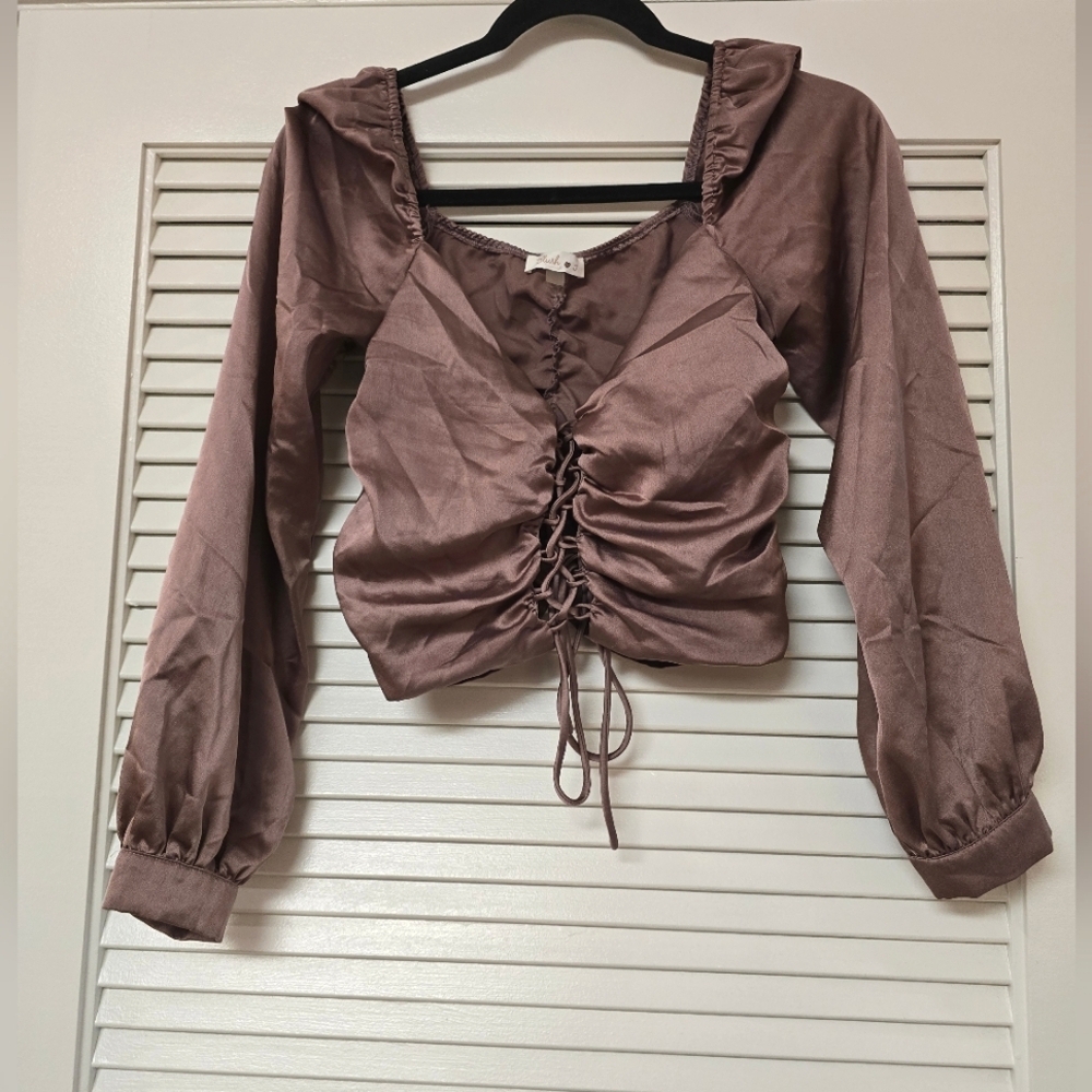 Blush โค๏ธ J - Mauve Pink Faux Satin Off-Shoulder Lace-Up Front Crop Top
